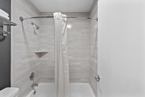 a shower with a shower curtain in a bathroom at Basecamp Puyallup in Puyallup