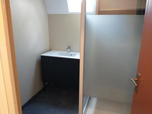 La petite salle de bains est pourvue d'un lavabo et d'un miroir. dans l'établissement La Fantasia, à Saint-Sylvain-dʼAnjou