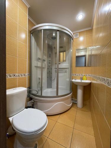 y baño con ducha, aseo y lavamanos. en Отличная 1-комнатная квартира в центре! Standart, en Petropavlovsk