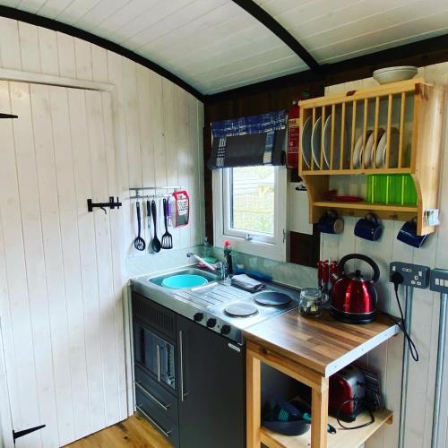 uma pequena cozinha com um lavatório e um fogão em Luxury cosy carriage with electric private hot tub em Hereford