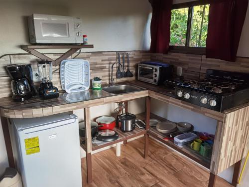 una pequeña cocina con fregadero y microondas en Casa Tucan Glamping en Turrialba