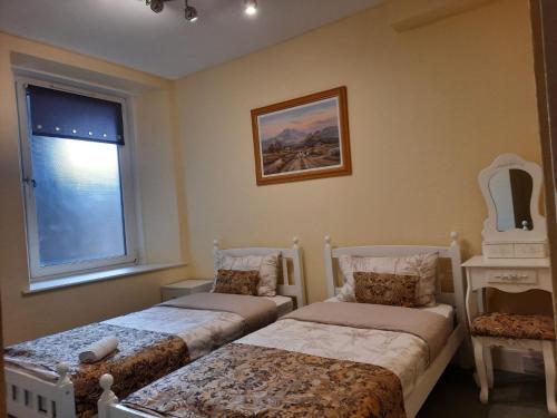 2 Betten in einem Zimmer mit Fenster und Bild in der Unterkunft Cozy Central Apartment in Inverness