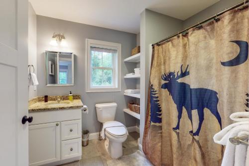 a bathroom with a shower curtain with a deer on it at Brown Moose Acres in Bridgton