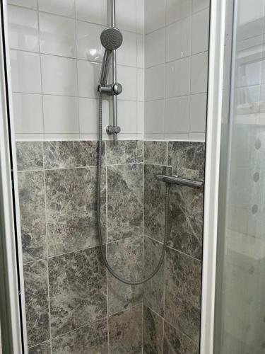 a shower with a glass door in a bathroom at Bruce Rooms in London