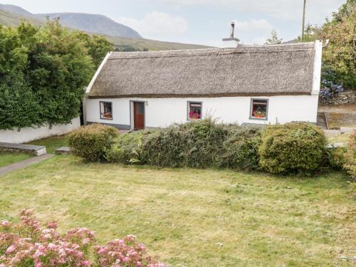 a white house with a grey roof and a yard at The Thatched Cottage in Liscarney