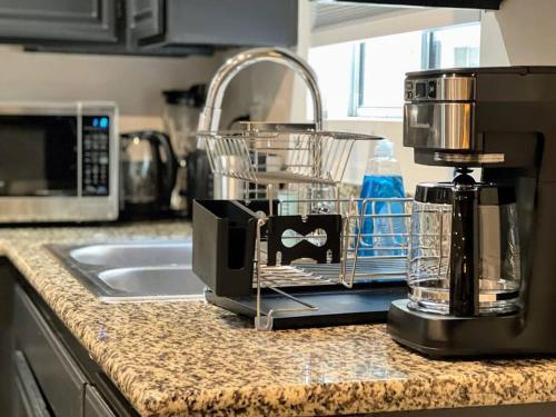 a kitchen counter with a dish drying rack next to a sink at Hollywood Black Habitat in Los Angeles