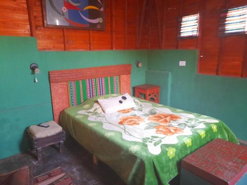 a bedroom with a bed in a room with green walls at Sumaj Rústica in Maimará