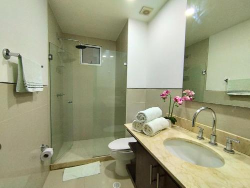 een badkamer met een toilet, een wastafel en een douche bij Edificio Morros Vitri in Cartagena