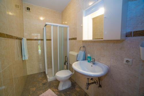 een badkamer met toilet, wastafel en douche bij Apartments with parking space Porec - 6984 in Poreč