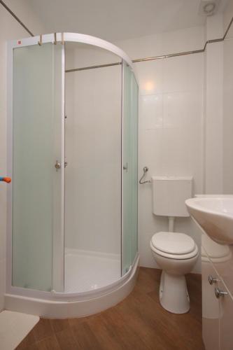 a bathroom with a shower and a toilet and a sink at Apartments with parking space Umag - 6995 in Umag
