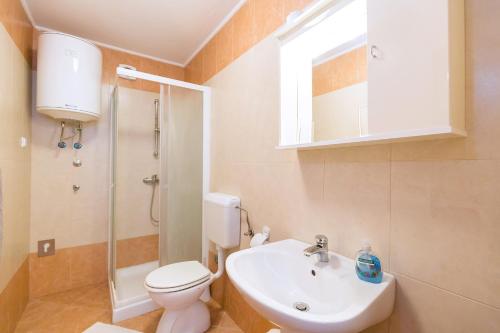 łazienka z toaletą, umywalką i prysznicem w obiekcie Apartments with a swimming pool Novigrad - 7078 w mieście Novigrad