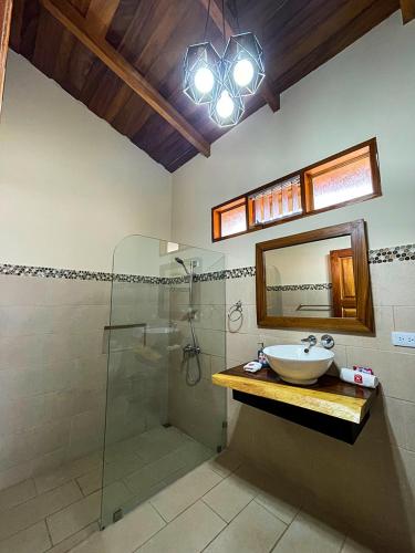 a bathroom with a sink and a shower and a mirror at Hotel El Regalo in Nicoya