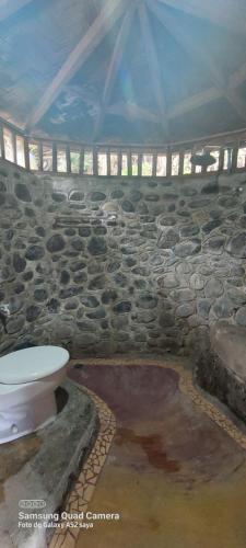 a bathroom with a stone wall and a toilet at Lawang Inn in Bukit Lawang
