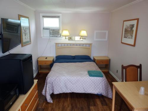 1 dormitorio con 1 cama y TV de pantalla plana en Park Side Motel, en Peterborough
