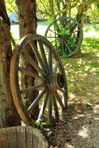an old wagon wheel sitting next to a tree at Gîtes Domaine des Machottes in Grans