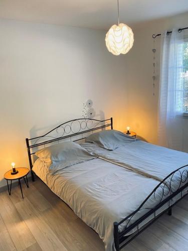 une chambre avec un lit et un lustre dans l'établissement Jolie maison de 110 m 2, pour 6 personnes, au calme, avec piscine, à Les Cordiers