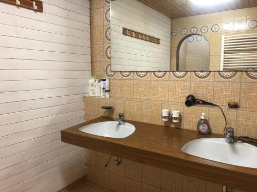 uma casa de banho com 2 lavatórios e um espelho em PanoramaApart - Alpzeit im Westallgäu em Oberreute