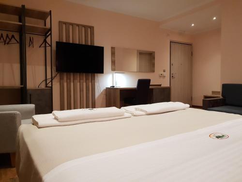 a hotel room with a white bed and a television at Mondeus Inn Luxury in Deskáti