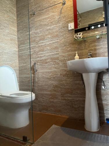a bathroom with a toilet and a sink at The North Face Inn's Homestay in Pokhara