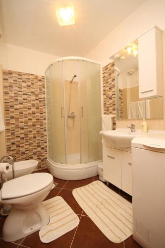 a bathroom with a shower and a toilet and a sink at Apartments with parking space Fazana - 7153 in Fažana