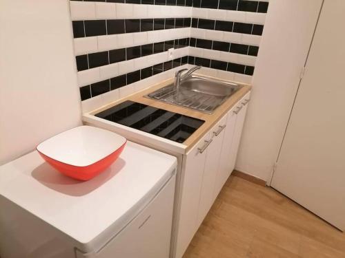 - une petite cuisine avec un évier et un bol sur un comptoir dans l'établissement Superbe logement(B) avec Parking Gratuit sur place, à Drancy