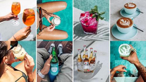 a collage of pictures of people drinking drinks at Swell Hotel, Pool Bar & Restaurant in Tanah Lot