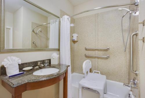 La salle de bains est pourvue d'un lavabo, de toilettes et d'une douche. dans l'établissement Candlewood Suites Virginia Beach Town Center, an IHG Hotel, à Virginia Beach