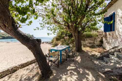 uma mesa e cadeiras na praia debaixo das árvores em Fisherman's Cottage em Stoupa