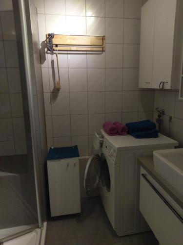 a small bathroom with a washing machine and a sink at Aalens schönste Aussicht in Aalen