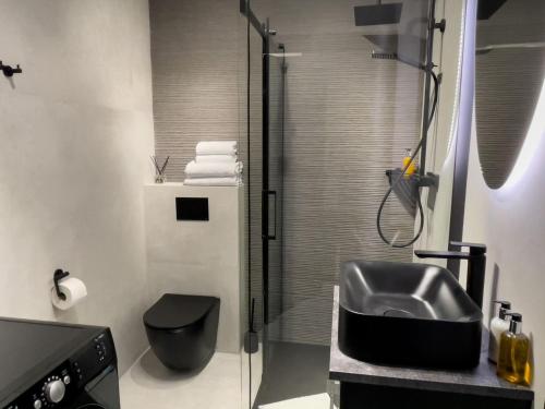 een badkamer met een wastafel en een douche bij URBAN APARTMENTS PREMIUM DOWNTOWN Opolska 10 No 69 with GARAGE in Katowice