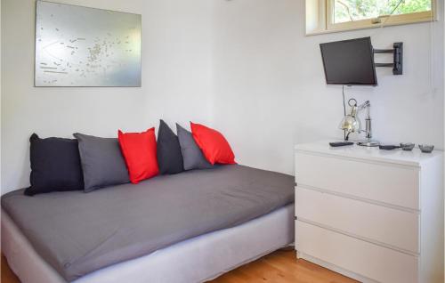 a bed with red and grey pillows and a dresser at Stunning Home In Motala With Wifi in Motala