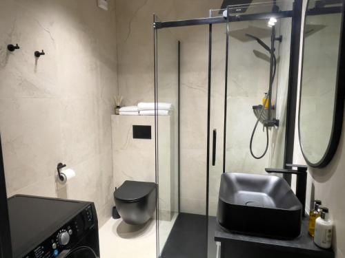 een badkamer met een douche, een toilet en een wastafel bij URBAN APARTMENTS PREMIUM DOWNTOWN Opolska 10 No 89 with GARAGE in Katowice