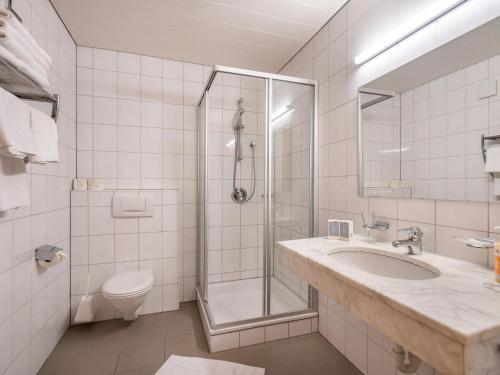 a bathroom with a shower and a sink and a toilet at Group Apartment in Stubaital with Ski Storage in Neustift im Stubaital