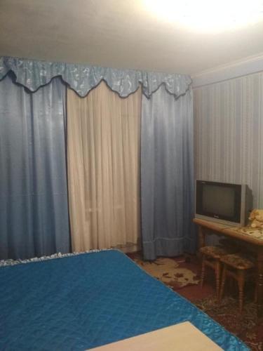 a bedroom with a blue bed and a television at Уютная 1 комнатная квартира возле метро Дарница in Kyiv