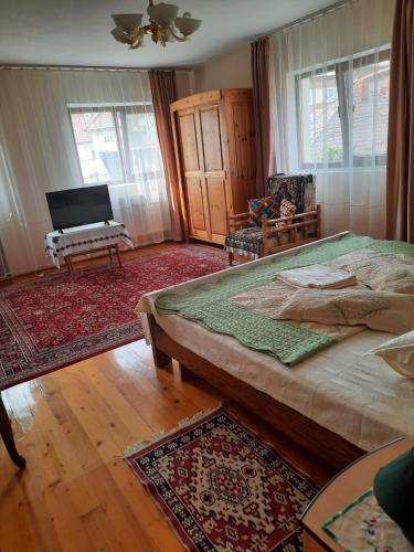 Un dormitorio con una cama grande y un piano. en Pensiunea Cristiana, en Curtea de Argeş