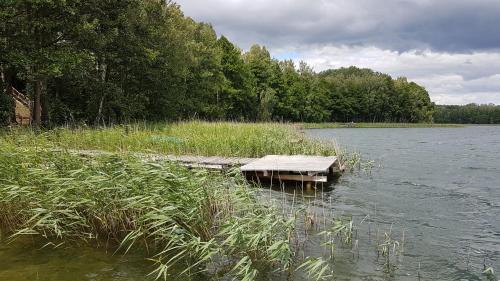 a wooden dock in the middle of a lake at Domek mazurski całoroczny nad jeziorem z Sauną fińską I Jacuzzi SPA in Pasym