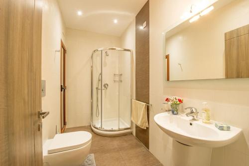 uma casa de banho com um lavatório e um chuveiro. em Tfiefa Holiday Home em Xagħra