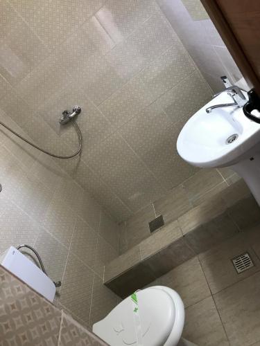 a bathroom with a white toilet and a sink at CASA DENIZ in 2 Mai