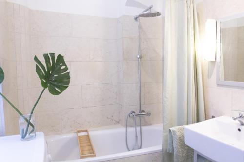 a bathroom with a plant sitting on a bath tub at Sunny Apartment near Belvédère Castle in Vienna