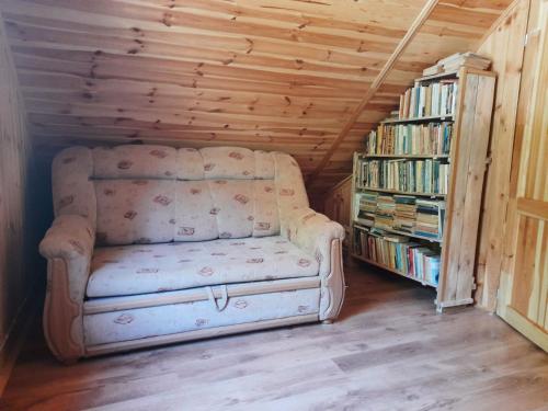 um sofá num quarto com uma estante de livros em Domek w lesie em Czerce