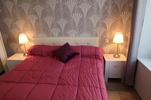 ein Schlafzimmer mit einem rosa Bett mit zwei Lampen in der Unterkunft Le Sophora in Chéu