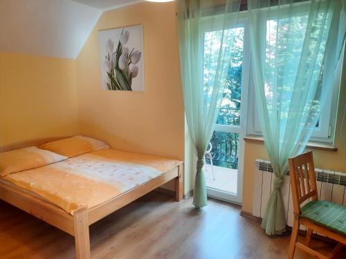 1 dormitorio con cama y ventana en Pokoje Na Skale nad Jeziorem Solińskim 691-363-701, en Wołkowyja