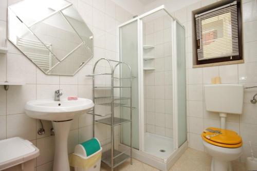 uma casa de banho com um lavatório, um WC e um chuveiro em Apartments with a parking space Peroj, Fazana - 7254 em Vodnjan