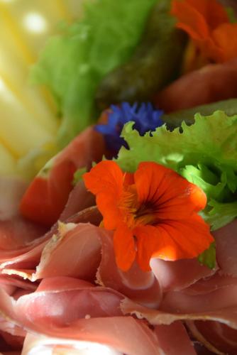 een rode bloem bovenop vlees en groenten bij Hütterhof in Lagundo