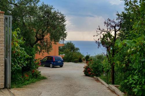 a blue car parked in a driveway with the ocean at Villa Ani in Borsh