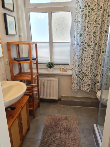 ein Bad mit einem Waschbecken, einem WC und einem Fenster in der Unterkunft Ferienwohnungen in Schlossnähe in Schwerin