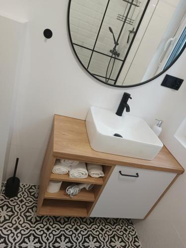 a bathroom with a sink and a mirror at Stodoły Koło Wody Niwka in Niwka