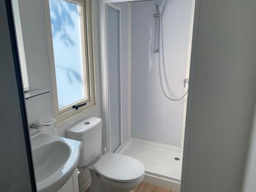 a white bathroom with a toilet and a shower at Mobile home Comfort Ameglia - Including airco - Camping River- 326- 6 pers in Ameglia