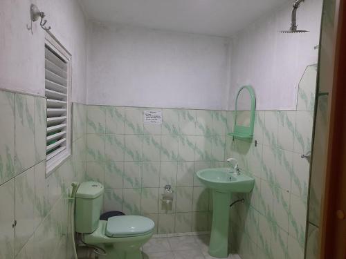 a bathroom with a green toilet and a sink at Kingfern in Nuwara Eliya