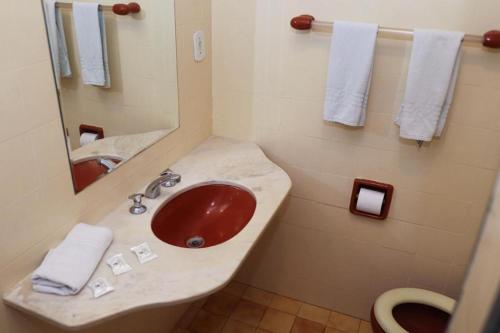 a bathroom with a sink and a mirror and a toilet at Hotel Londres in São Lourenço